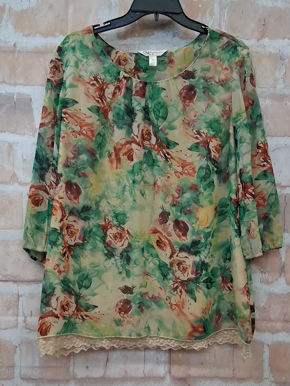 krazy kat Floral Sheer Blouse in Green Brown Cream